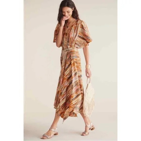 NWOT Soft Surroundings Cyra Dress Asymmetrical Hem Painted Stripe Brown Size PS - Picture 1 of 10